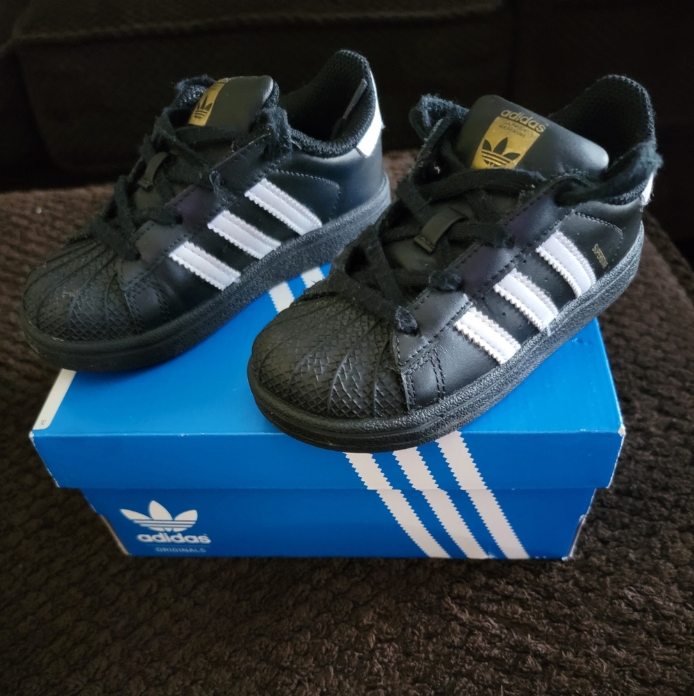 Adidas Super Star Kids Black Sneakers with White Stripes